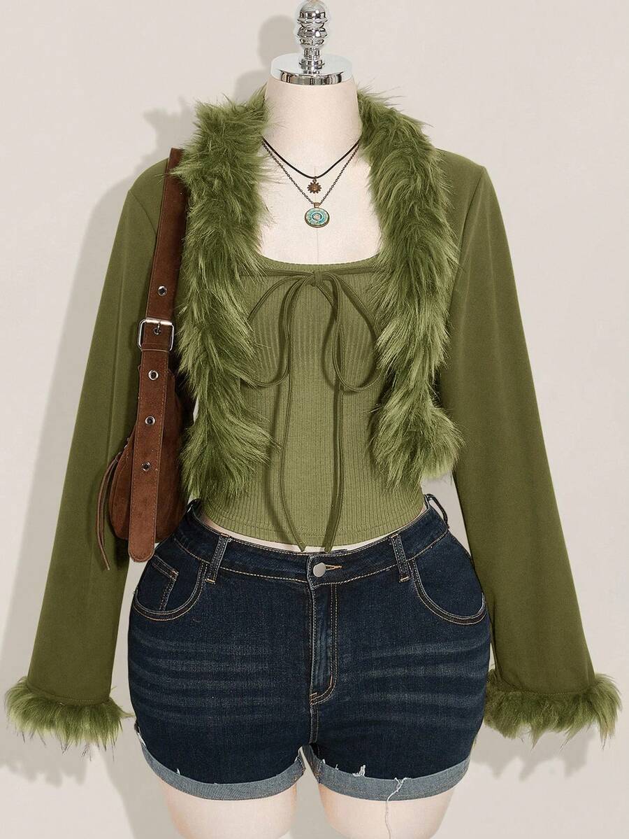 SHEIN ICON Áo khoác croptop buộc dây phía trước viền lông Y2k màu đen Plus dành cho nữ mùa thu đông - xanh quân đội - Xem 1