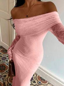 SHEIN Unity Elegant Lace Off-Shoulder Solid Color Dress For Wedding, Christmas Party, And Formal Occasions - Baby Pink - View 5