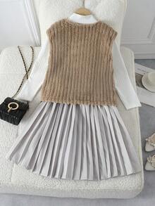 2pcs Women Vintage Casual Outfit - Sleeveless Furry Vest And Pleated Gray Mini Skirt - Multicolor - View 2