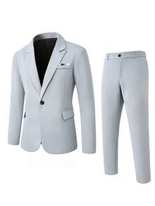 Manfinity Mode Ensemble veste de costume et pantalon à revers entaillés, décoré d'un mouchoir de poche, coupe simple boutonnage, gris clair pour hommes - Gris pâle - Voir 3