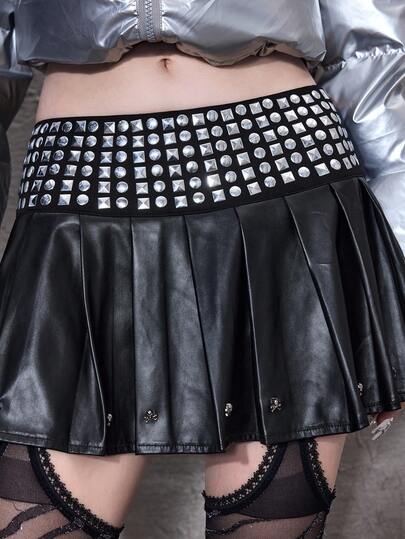 ROMWE Avant Jupe plissée à taille basse avec rivets en PU, style PUNK Y2K pour femmes, Halloween