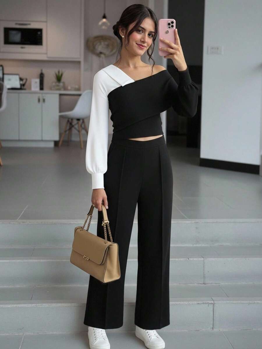 SHEIN 2pcs/Set Teen Girls Casual Patchwork Contrast Color Fake 2 Pieces Shirt And Wide Leg Pants - Multicolor - View 1