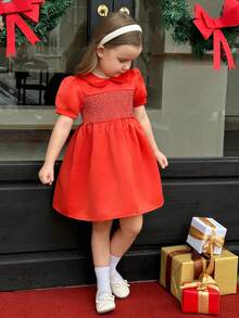Girls' Puff Sleeve Princess Dress - Orange - View 1