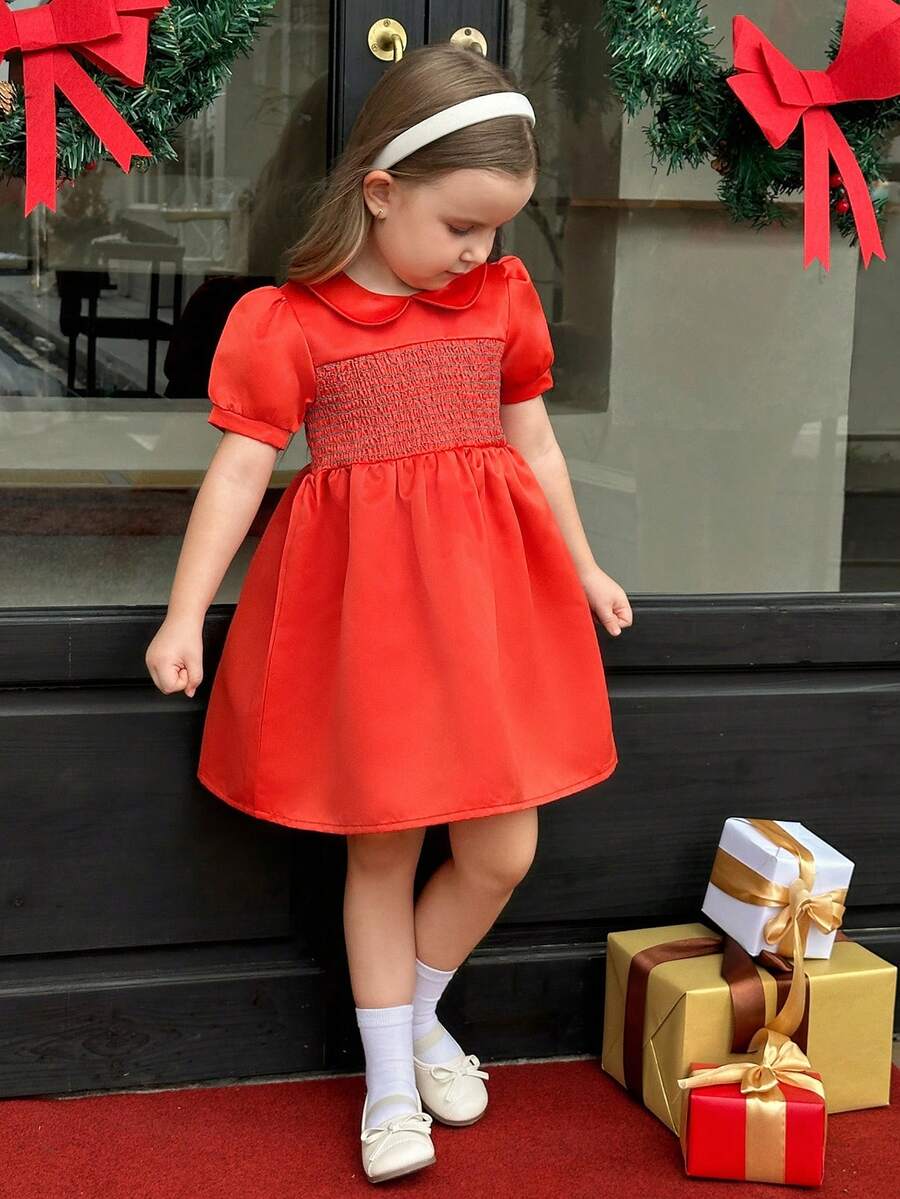 Girls' Puff Sleeve Princess Dress - Orange - View 1