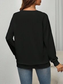 EMERY ROSE 圣诞节加大码女式秋冬字母印花长袖休闲圆领卫衣，毕业季、教师节、返校季 - 黑色 - 查看 2