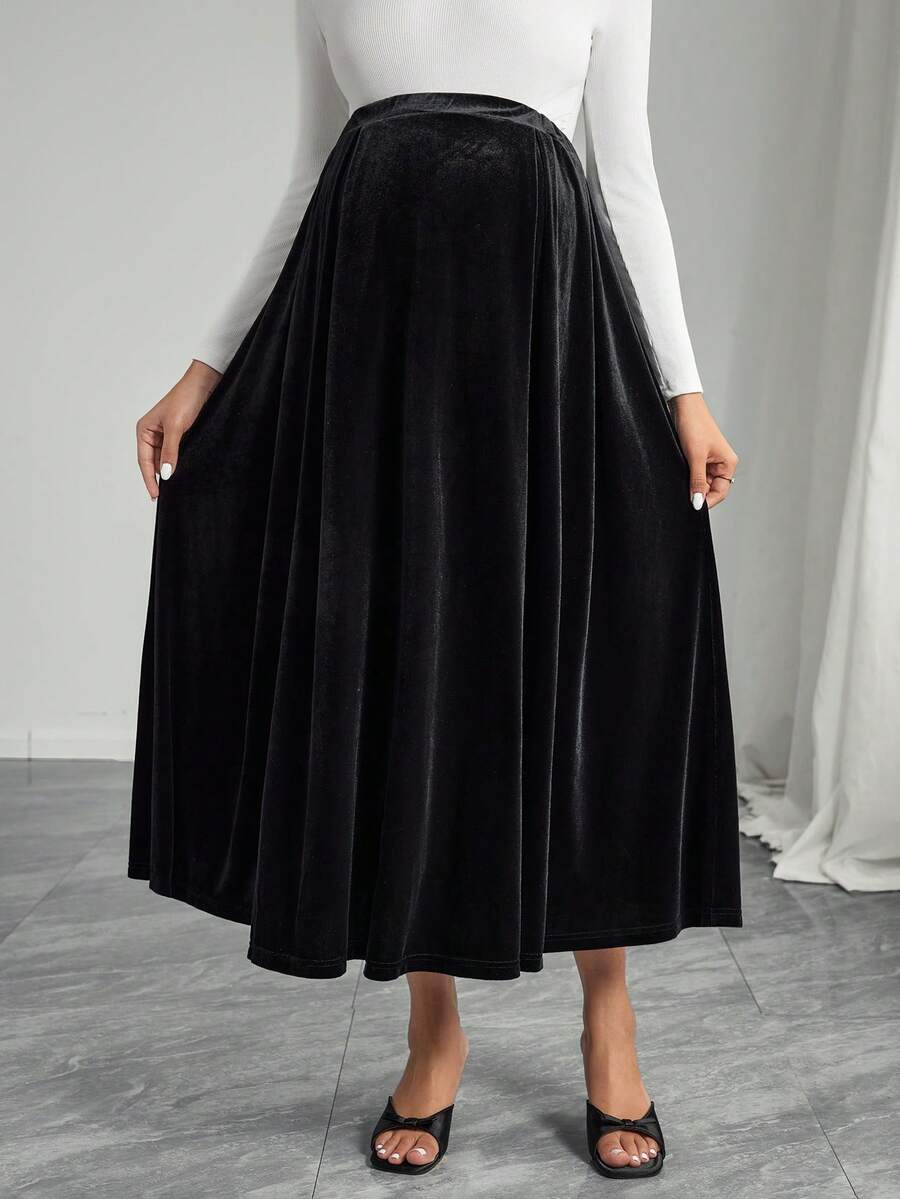 Momance Chân váy nhung trơn màu, chân váy thường ngày thanh lịch cho bà bầu - màu đen - Xem 1