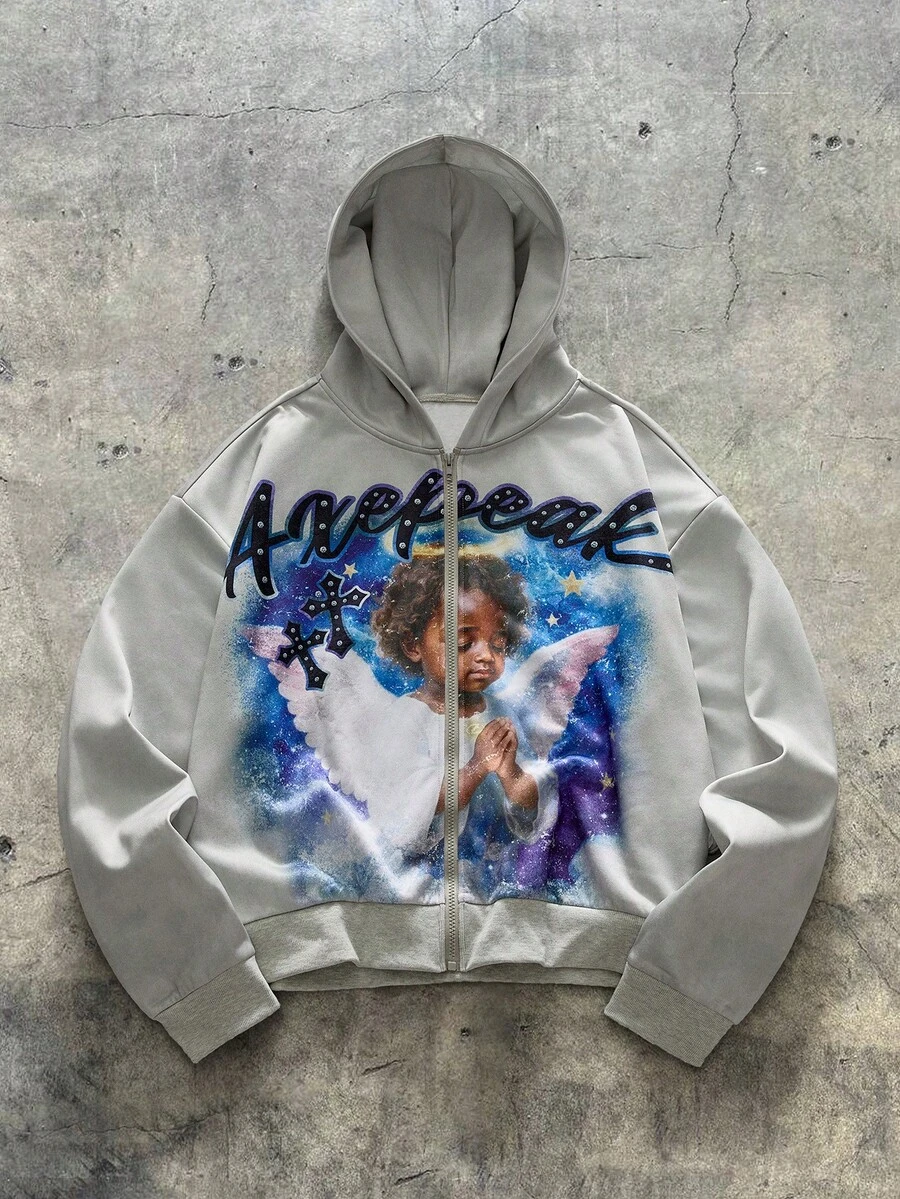 AXEPEAK sweat-shirt à capuche décontracté pour homme avec imprimé ange, automne/hiver