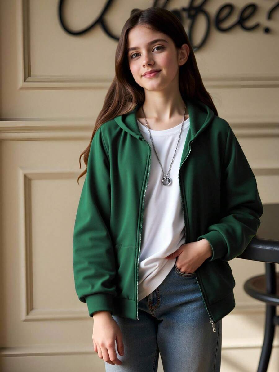 SHEIN 青少年女孩休閒基礎款寬鬆連帽衛衣 | 深綠色拉鍊開襟衛衣外套童裝 | 秋季校園運動休閒衛衣 - 軍綠色 - 查看 1