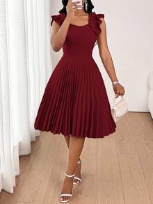 SHEIN Lady 2025 New Women's Burgundy Ruffle Hem Pleated Fashion Mini Pleated Elegant Dress Elegant Women Dress Pleated Dresses For Women Midi Dress Women Elegant Midi Dress