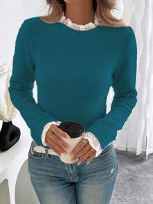 EMERY ROSE Fashionable & Sweet Lace Collar Soft Faux Fur Pullover Sweater, Versatile For Autumn/Winter - Teal Blue - View 4