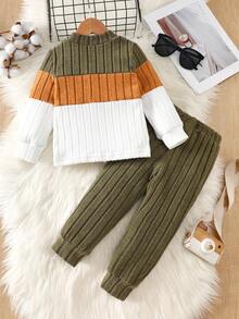 2 件套幼儿男童休闲基本款字母贴花撞色拼色羊毛圆领运动衫和运动裤，适合秋冬季户外穿着，百搭舒适 - 彩色 - 查看 2