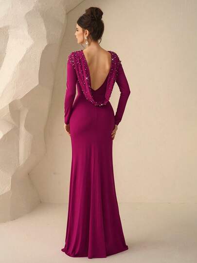 Coutiva فستان سهرة رسمي مطرز بشكل كبير مع تصميم ذيل حورية البحر المزين بالخرز للنساء