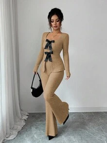 Elenzga Women's Elegant Cloud-Like Fleece Ribbed Bowknot Collar Long Sleeve Cinched Waist Top And Flare Pants 2 Pieces Set - Khaki - View 3