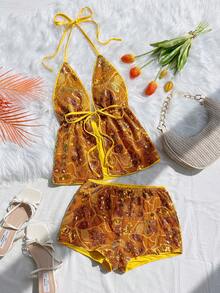 Soleia Women's Y2K Sequin Waist Tie Open Slit Sexy Fashion Halter Neck Camisole - Orange - View 3