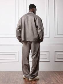 SUMWON Boxy Fit Suede Button Front Shirt And Relaxed Fit Pants Co Ord Set For Casual Comfort Plain - Khaki - View 2
