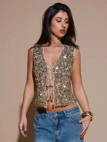 SHEIN BAE 女士时尚派对亮片系带无袖上衣 - 金色 - 查看 4