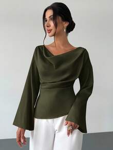 Firerie Boat Neck Flared Sleeve Gathered Waist Office Lady Apricot Blouse, Minimalist Elegant Daily Commute Apricot Satin Asymmetric Ruched Collar Flare Sleeve Women Shirt, Chic For Office And Everyday Wear - Army Green - View 3
