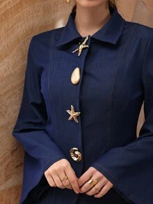 Modelyn 时尚女装套装，优雅金属纽扣装饰长袖蓝色牛仔上衣和高腰阔腿直筒裤 - 藍色 - 查看 7