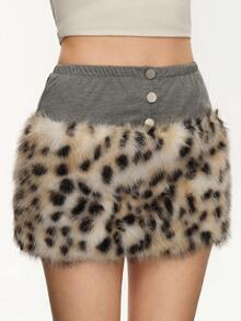 Rina Fox Women's Leopard Print Faux Fur Patchwork Sexy Mini Skirt