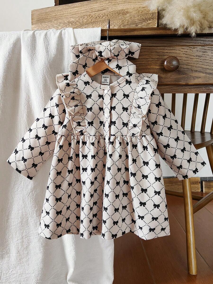 SHEIN 1 pieza Vestido de manga larga con estampado de mariposa y hoja de loto para niñas bebé - Albaricoque - Ver 1