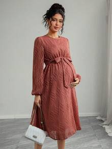Momance Pregnant Women's Textured Round Neck Lantern Sleeve Belted Elegant Dress