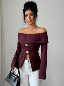 Selianne Elegancka bluzka damska z odkrytymi ramionami i rozcięciem do pracy - Brązowy - Zobacz 5