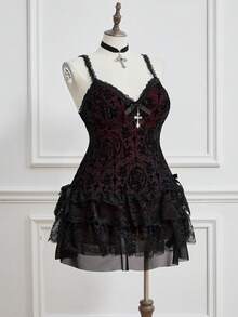 ROMWE Goth Women Retro Grunge Punk Flocked Cross Bow Lace Trim Plus Size Dress, For New Year, For Summer - Black - View 6