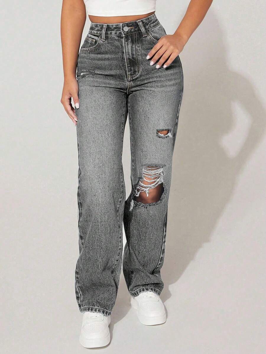 SHEIN PETITE Women's Distressed Denim Jeans, Fashion Summer Pants ,Petite Women - Light Grey - View 1