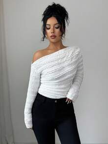 SHEIN Elenzya Elegant Asymmetric Ruffle Long Sleeve T-Shirt With Textured Fabric And Frill Trim, Suitable For Autumn - White - View 4