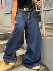 ROMWE MEN Grunge Punk Blugi bărbătești cu croială lejeră, la modă, cu blocuri de culoare - Spălare întunecată - Vizualizare 4