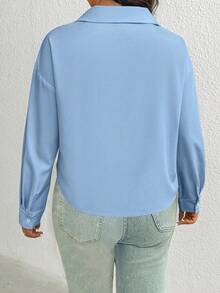 Elenzga Plus Size Women's Solid Color Casual Cropped Long Sleeve Shirt - Blue - View 2