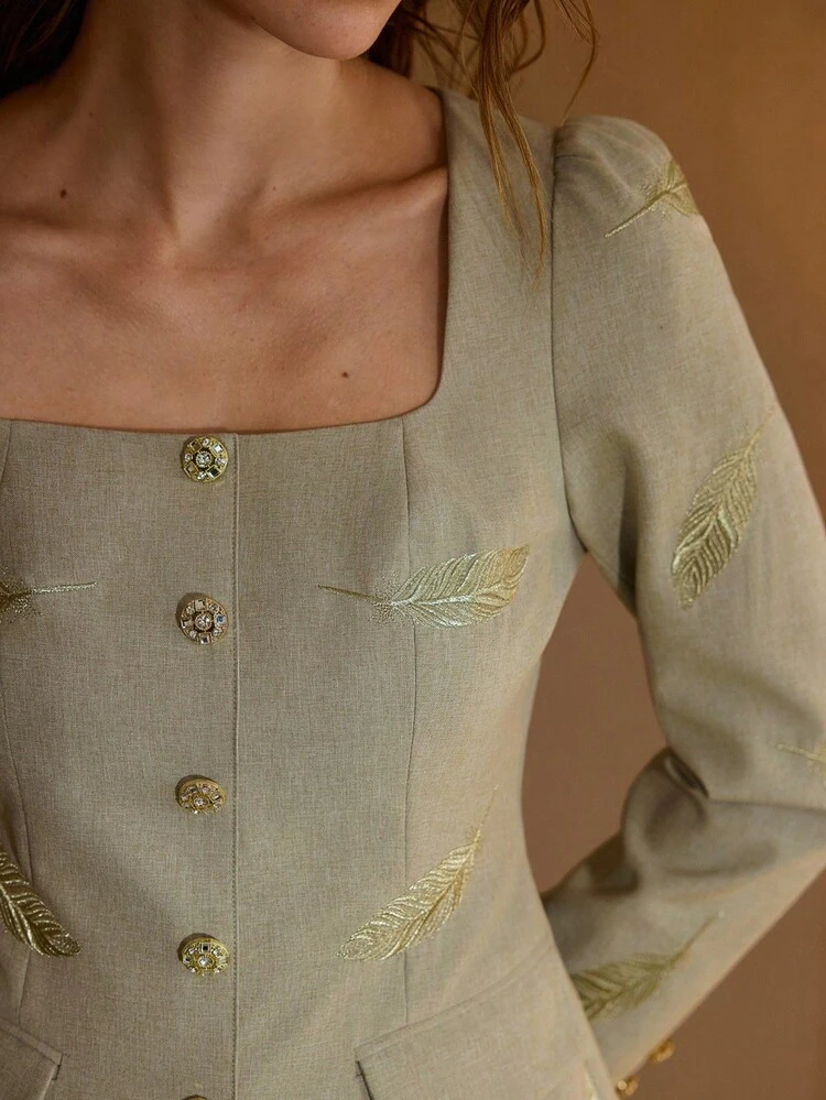 FEATHER EMBROIDERY SQUARE COLLAR RHINESTONE BUTTON WAIST CINCHED PUFF SLEEVE ELEGANT CASUAL JACKET