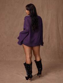 Rustia Plus Size Women Solid Color Chiffon Thin Double Ruffle Trim Loose Tie Front Long Sleeve Blouse - Purple - View 2