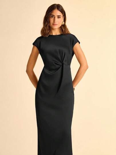 CAJUNI Damklänning med tropisk, avslappnad brun, kortärmad, rynkad midja och twist, för semestern