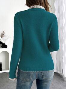 EMERY ROSE Fashionable & Sweet Lace Collar Soft Faux Fur Pullover Sweater, Versatile For Autumn/Winter - Teal Blue - View 2