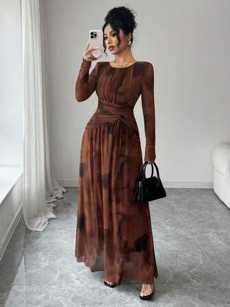 Rafferiza Women's Elegant Gradient Printed Mesh Elastic Waist Gathered Waist Umbrella Hem Brown Long Sleeve Long DressHomecoming Dresses, Wedding Guest Dresses Party Dress  Elegant Party Dresseswinter Winter Clothes Winter Clothes For Women Fall Clothes For Women Autumn Fall Autumn Clothes Fall Outfits For Women New Year New Year Outfit Thanksgiving Outfit For Women Party Wedding Elegant Casual LuxuryChristmas New Year Party Graduation Ball Cosplay New Year Going Out Tops For Women Graduation Elegant Fashionable Casual Commuting Business Office Daily Leisure All-Match Temperament Urban Teacher Professional Attire