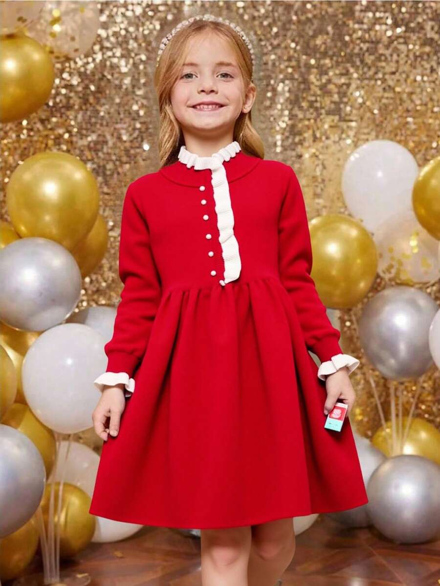 1 件女童红色毛衣裙，可爱返校装，秋冬 - 紅色 - 查看 1