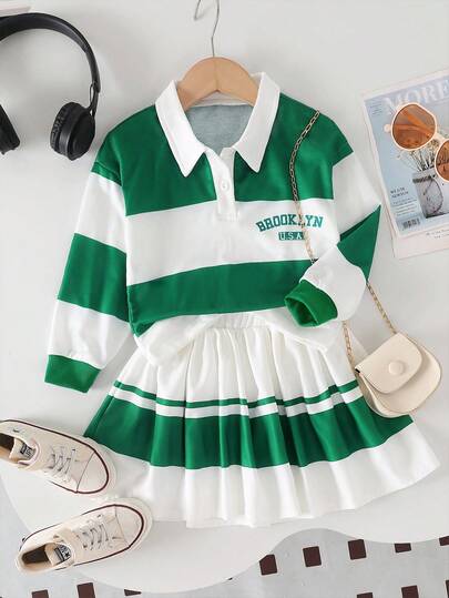 SHEIN Genkimix Kids 2pcs Young Girl' Casual Fashion Sports Dolman Sleeve Stripe Sweatshirt With English Print & Elastic Waist Colorblock Pleated Skirt Set
