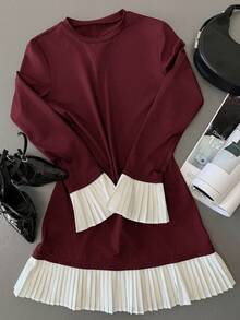 Aloruh Vestido midi elegante de mujer con mangas acampanadas y plisadas en bloque de color para uso diario - Burdeos - Ver 4