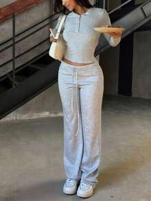 INAWLY Bộ đồ 2 món thường ngày cho nữ, áo thun tay dài cài nút màu trơn và quần cạp rút - Màu Xám nhạt - Xem 3