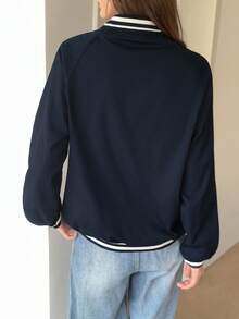 Modelyn 蝴蝶结刺绣蕾丝边长袖休闲街头棒球夹克女秋冬装 - 藏蓝色 - 查看 3