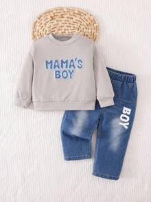SHEIN Playful Pals 2 Stücke Baby Jungen/Mädchen Lässig Outfit Set, Englisch Buchstaben Muster Rundhals Langarm Top kombiniert mit modischen Englisch Buchstaben Muster Jeans Hose, geeignet für Zuhause, Camping, Party, Herbst