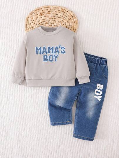 SHEIN Playful Pals 2 件套男婴/女婴休闲服装套装，英文字母印花圆领长袖上衣搭配时尚英文字母印花长牛仔裤，适合居家、露营、派对、秋季