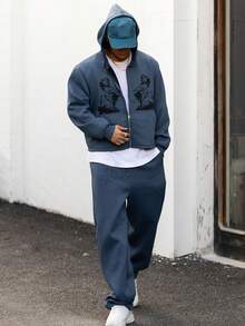 DAZY Gothic Letter Print Zip-Up Hoodie Set, Navy Blue For Men, Autumn - Navy Blue - View 6