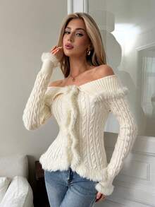 SHEIN Elenzya 女士时尚优雅露肩貂皮拼布毛衣 - 杏色 - 查看 2