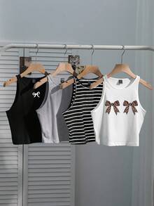 SHEIN EZwear 女士休闲豹纹蝴蝶结装饰四件套，黑白条纹性感紧身吊带背心，夏季 - 彩色 - 查看 7