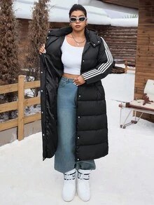 SHEIN EZwear 大尺碼女款休閒長款加厚外套，學院風，適合日常穿著，秋冬返校季 - 黑色 - 查看 8