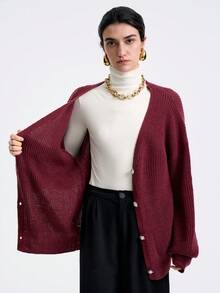 Aalyst Women's Solid Color Drop Shoulder Long Sleeve Single-Breasted Casual Knit Cardigan, Autumn/Winter - Red - View 6