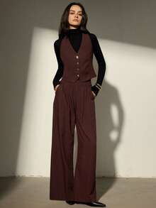 Aveloria Modichic Halter Neck Tie Bow Backless Design Loose Flowy Waist Elastic Waist Wide Leg Pants 2 Pieces Set - Chocolate Brown - View 5
