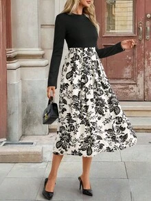 EMERY ROSE Vestido de manga larga con estampado de color contrastante para mujer - Negro - Ver 5